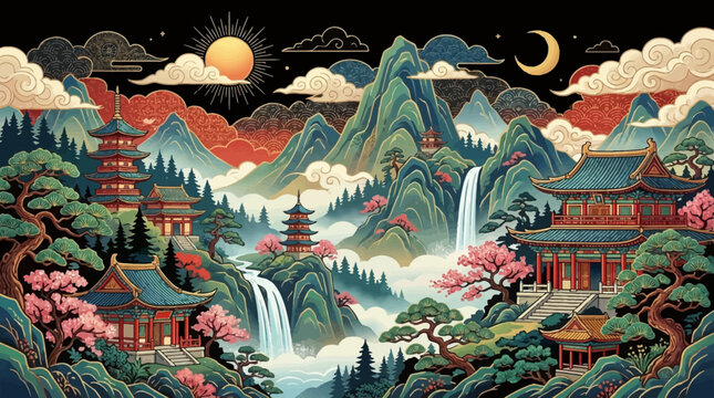 Vibrant Asian landscape with pagodas and waterfalls under sun and moon