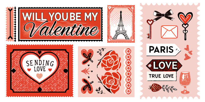 Vintage valentine stamps and romantic illustrations collection