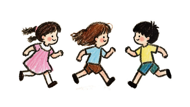 Three diverse children running happily, isolated on transparent background
