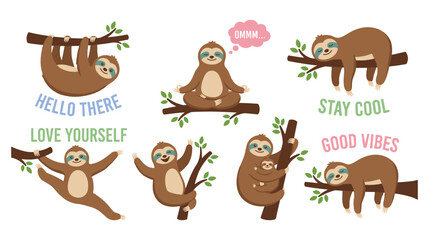 Fototapeta premium Collection of sloths in various relaxed and meditative poses.