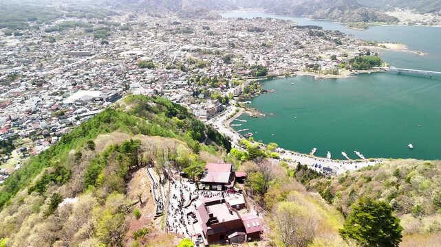 Lake Kawaguchi panoramic view from Mount Fuji ropeway with mountains and landscape
