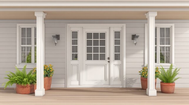 Inviting white home entrance with glass-paned door, windows, and potted plants