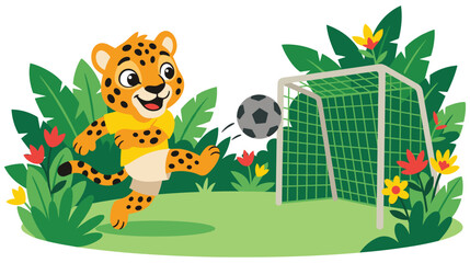 Cartoon cheetah playing soccer in a lush jungle setting. © NAZMA