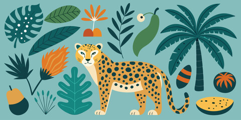 Exotic jungle illustration featuring spotted leopard with palm trees and tropical monstera leaves © Sadhin07