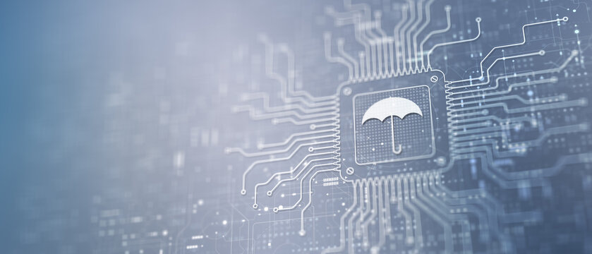 Digital Insurance Protection Icon Displayed on Processor in Futuristic Circuit Environment.