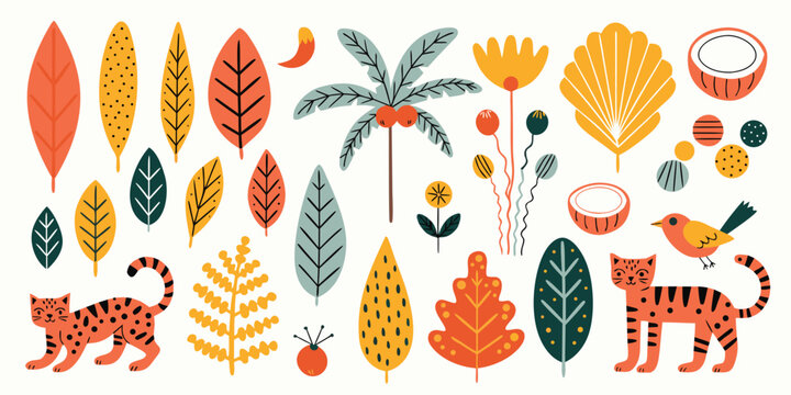 Tigers and tropical birds among exotic forest plants and autumn colored leaves