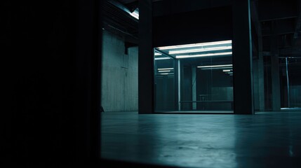 Naklejka premium Empty industrial space features a minimalist concrete architecture, creating a sense of mystery and solitude with the contrasting bright neon lights against the dark environment