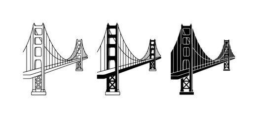 Fototapeta premium Golden Gate Bridge Vector Icons, Silhouette and Outline Styles, San Francisco Landmark, Architectural Engineering, Travel Destination