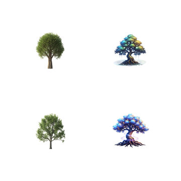 Four fantasy trees collection realistic magical and stylized designs isolated on transparent background