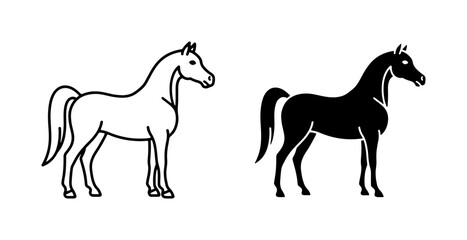 Fototapeta premium Elegant Horse Silhouettes, Black and White Arabian Equine Vector Icons, Majestic Animal Graphics for Equestrian Design