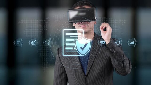 A businessman wearing a virtual reality headset showcases the impact of technology on data security. Digital icons represent contemporary cybersecurity concepts and protection. Raster