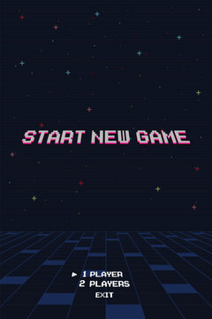 Start new game. Pixel art 8-bit. Modern trendy game background with lighting effect for game assets.