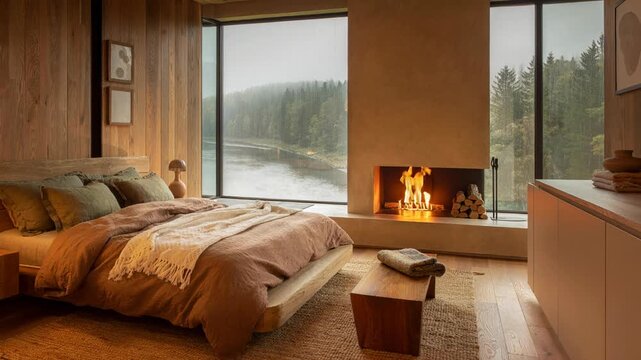 Cozy modern bedroom with fireplace and large windows overlooking serene forest and river landscape