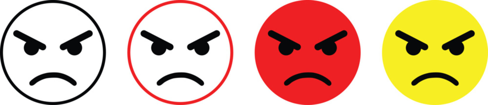 Angry face emoji vector icon set. Mad emoticon with different color styles including red, yellow, and line art for reaction, feedback, and social media design.