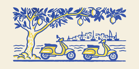 scenic illustration of scooters by the sea with trees © BelaRani