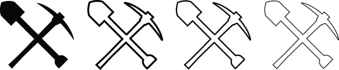 Crossed shovel and pickaxe vector icon set. Mining, construction, and garden tool symbols in flat silhouette and line art style for industry design. © TAHERA