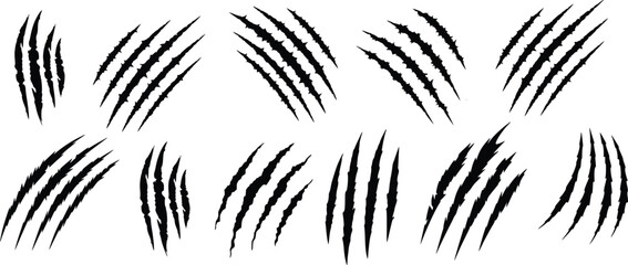 Animal claw scratches and monster scratch marks vector set. Black horror slash marks, tiger or bear paw rips, and predator talon scratches illustration. © TAHERA