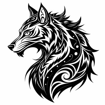 Snarling tribal wolf head, intricately patterned for a powerful tattoo design.

