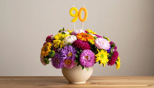 Vibrant Flower Bouquet with Number 90 for Birthday or Anniversary Celebration
