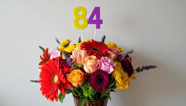 Vibrant Flower Bouquet with Number 84 for Birthday or Anniversary Celebration