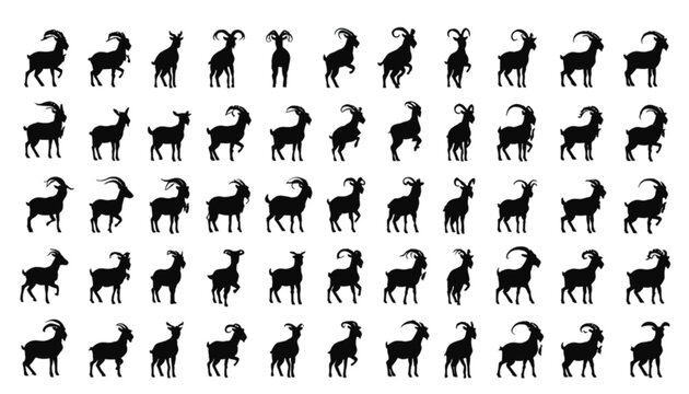 Goats depicted in a collection of black silhouettes display various standing poses and horn shapes to provide a comprehensive visual reference for designers working on farm animal graphic projects.