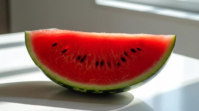 A hand holds a fresh slice of ripe red watermelon on a white table