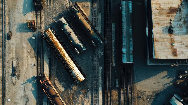 Industrial train yard with multiple freight cars and tracks, highlighting logistics, transportation, and infrastructure development from an elevated perspective during the day