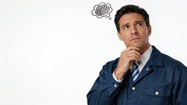 Confused mechanic in blue uniform looking up at scribble thought bubble puzzled expression thinking about solution technical problem solving white background copy space