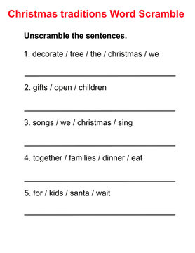 Christmas Traditions Word Scramble Worksheet 22 &mdash; Christmas traditions, gifts and family celebration sentences