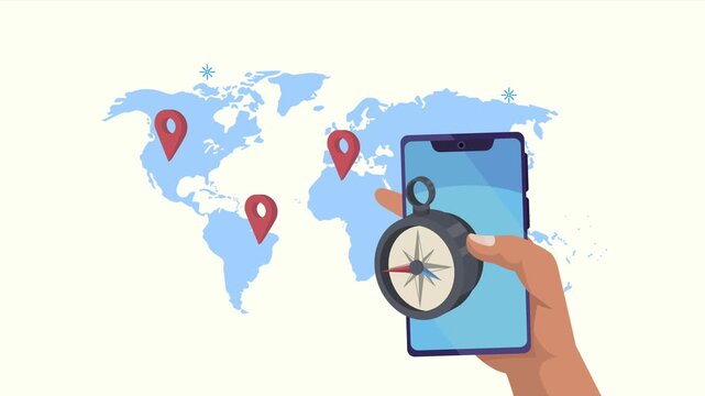 Travel navigation concept animation with world map and smartphone hand holding compass featuring location pin icons and dynamic motion graphics.