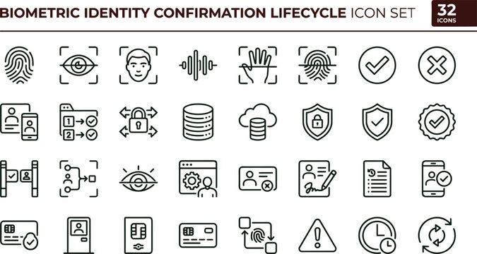 Biometric identity confirmation lifecycle line icon set for authentication dashboard ui secure verification and access management workflow