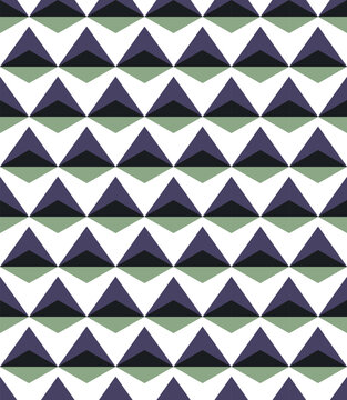 Abstract seamless triangle pattern with optical drift illusion. Retro geometric composition in purple, green and black colors. Modern vector background for textile, wallpaper and packaging design.