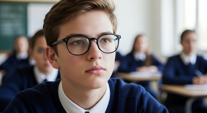 Serious young student in glasses focused during classroom lesson with schoolmates in background