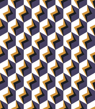 Abstract seamless geometric pattern with optical illusion effect. Retro angular shapes in purple, black and orange colors. Modern vector background for wallpaper, textile and surface design.