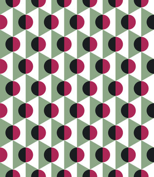 Abstract seamless geometric pattern with optical illusion effect. Retro circle and triangle composition in green, pink and black colors. Modern vector background for textile, wallpaper and packaging d
