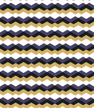 Seamless zigzag geometric pattern with optical drift illusion. Retro chevron shapes in purple, black and gold colors. Abstract vector background for textile, wallpaper and packaging design.