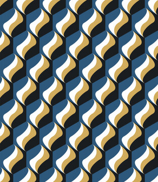 Abstract geometric seamless pattern with optical drift illusion. Retro wavy shapes in blue, black and beige colors. Modern vector background for fabric, wallpaper, textile and packaging design.