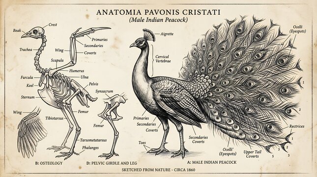 Anatomy of a male crested peacock.