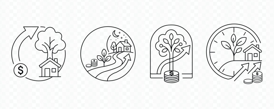 A set of four black line icons illustrating ecofriendly financial growth and sustainable investment concepts with trees, houses, and coins in circular and arched frames