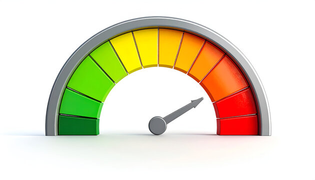 Colorful Gauge Meter Indicating Performance Level on White Background.