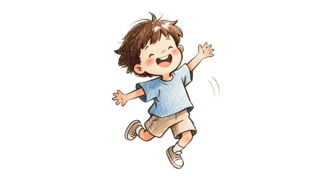 Joyful young boy in blue t-shirt and shorts jumping, isolated on transparent background