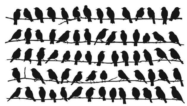 Birds perched on wires are displayed as a wide array of black silhouettes arranged in a systematic grid to serve as a versatile graphic resource for various creative and artistic design projects.