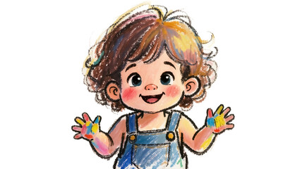Fototapeta premium Happy child with colorful paint on hands, isolated on transparent background
