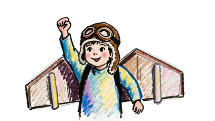 Joyful child with pilot hat and cardboard wings, isolated on transparent background
