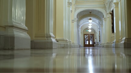 Naklejka premium Grand public building corridor featuring classical architecture with towering columns, multiple arches, elegant chandeliers, and a highly polished reflective marble floor creating a sense of luxury