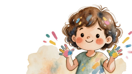 Joyful child with colorful paint splatters on hands and hair, isolated on transparent background