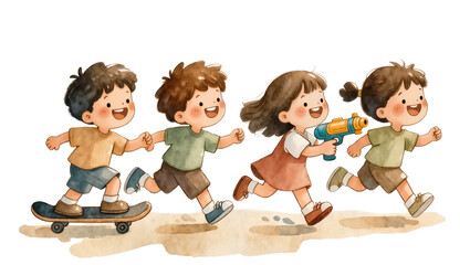 Four happy children running with a skateboard and water gun, isolated on transparent background © Ozols