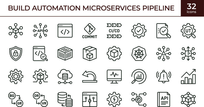 Build automation microservices pipeline line icon set for devops dashboard ui ci cd deployment and cloud infrastructure management