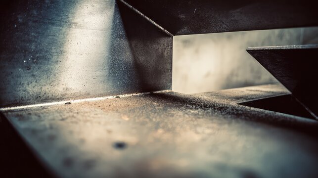 Rough metal texture with dust and grime creating abstract industrial shapes and patterns under dramatic lighting, conveying concepts of decay and progress