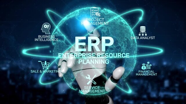 ERP platform visual showing centralized system for enterprise resource planning, improving integration, data flow, business efficiency, finance, inventory, and human resources. Muxer